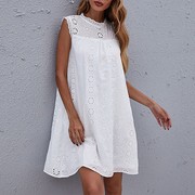欧美夏季清新甜美白色，圆领宽松镂空蕾丝钩花无袖，连衣裙dress