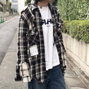 MIHARA YASUHIRO三原康裕 日系黑白格破坏做旧双层衬衫外套