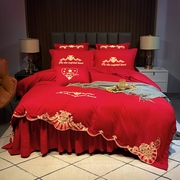 大红色婚a庆结婚四件套，床上用品1.5m18米床单，床裙床罩被套龙凤刺