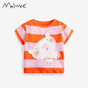 2024夏季女童宝宝可爱卡通猫贴布上衣条纹儿童装纯棉短袖圆领T恤