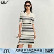 lily2024夏女装(夏女装)复古条纹时尚通勤气质修身polo针织短袖连衣裙