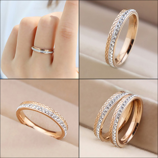 菱形戒指女 镶钻钛钢戒指 时尚个性 钛钢18k玫瑰金 设计食指环