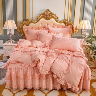 欧式全棉蕾丝夹棉床裙四件套少女公主风纯棉床罩款4件套床单被套