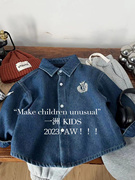 韩版2023冬季男童儿童牛仔，加绒衬衫外套蓝色休闲衬衫