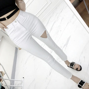 发 韩国 QY337自留款超舒适高腰弹力白色破洞小脚裤