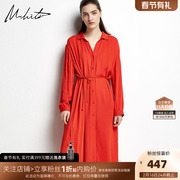 mhiti衬衫式连衣裙h1l653i锡瑅春季气质，红色长袖长裙
