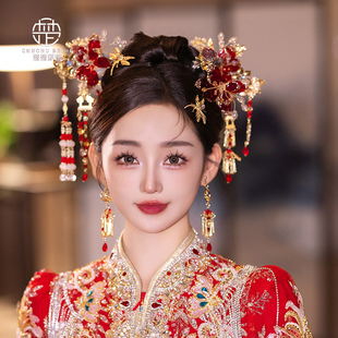 新娘新中式复古秀禾红色造液花头饰套装，古装汉服晨袍花朵发簪