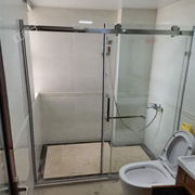 不锈钢淋浴房隔断推拉移门，一字型无边框干湿，分离钢化玻璃浴室屏风
