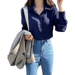 雪纺衬衫女春季韩版宽松显瘦藏青色衬衣，休闲通勤打底气质上衣