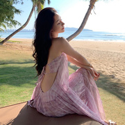 网红紫粉色超仙雪纺大摆长裙女神气质沙滩裙性感露背度假吊带连衣