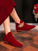 红色婚鞋冬季靴子矮跟粗跟加绒新娘孕妇，结婚中式婚礼喜妈妈短靴女