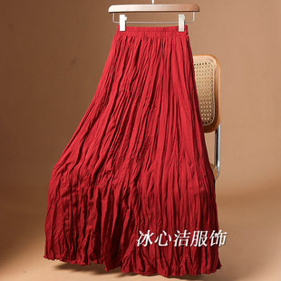 酒红色垂感大摆褶皱半身裙，女夏季2024显瘦裙子，百褶裙长裙半裙