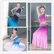 儿童傣族舞蹈演出服饰女童孔雀舞鱼尾裙少儿民族舞蹈练功练习裙