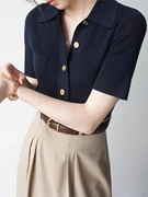 韩国翻领短袖针织衫女夏季薄款法式气质，高级感修身冰丝polo领t恤
