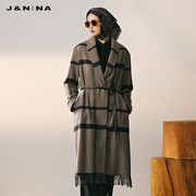 jnina捷恩尼纳秋冬不规则条纹流苏设计西装，领气质中长款毛呢外套