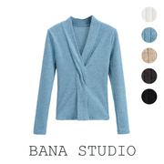 BANA外贸法式掐腰雾霾蓝针织衫针织仙女上衣chic温柔短款女设计感