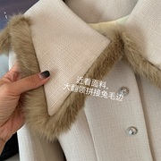 兔毛娃娃领毛边编织毛呢外套，2023冬季中长款单排扣纯色，呢子大衣女