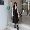 黑色假两件显瘦长袖连衣裙2023韩版简约设计感休闲学院风长裙