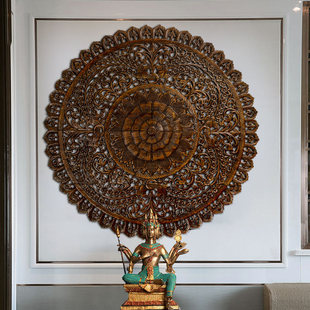异丽泰国镂空圆形雕花，板木雕挂件东南亚柚木，会所酒店壁挂壁饰
