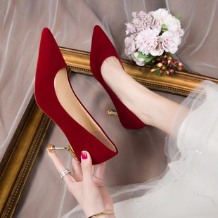 婚鞋女2024年夏季加绒新娘鞋中式大红色秀禾服高跟鞋平时可穿