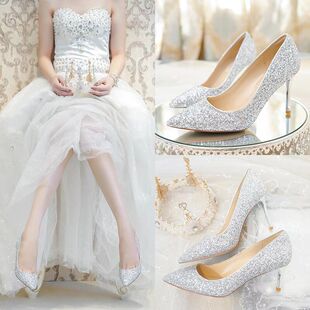 婚纱影楼拍照尖头高跟鞋细跟浅口水钻单鞋银色性感婚鞋新娘女鞋超
