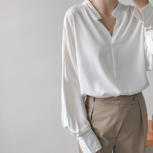 显瘦v领厚雪纺衬衫，韩国气质立领灯笼，袖宽松中长款衬衫女q596