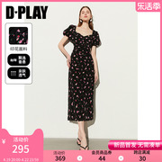 DPLAY2024夏法式方领泡泡袖连衣裙后背镂空绝美黑色碎花连衣裙