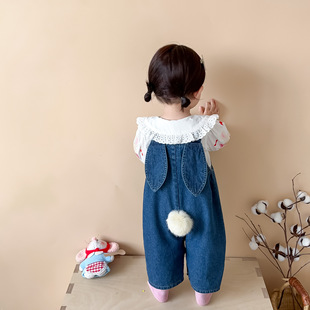 婴儿衣服秋款韩版儿童软牛仔背带连体衣娃娃领衬衫外出爬服2件套