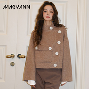 magyann设计师原创纽扣短款直筒不规则口袋，大衣羊毛外套女小个子