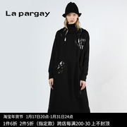 lapargay纳帕佳2024春季女式黑白色，长袖修身中长款针织连衣裙