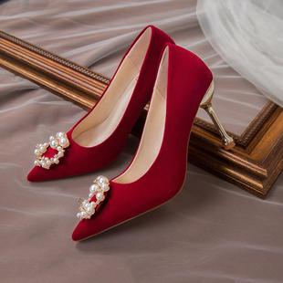 中式秀禾服婚鞋冬季酒红色高跟鞋女结婚新娘鞋水钻红鞋