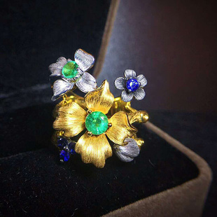 宝创集18k金镶祖母绿蓝宝石，花朵花形戒指，意大利黄金拉丝工艺指环