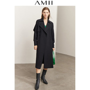 amii2024秋季高级感风衣女雪纺拼接设计大衣长，款黑色压褶外套