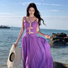女神范度假穿搭长裙高级感紫色镂空露背吊带连衣裙超仙大摆沙滩裙