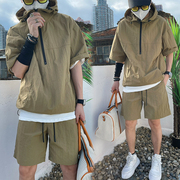夏季男士日系风套装工装款，短袖短裤休闲宽松外套衬衣薄款连帽卫衣
