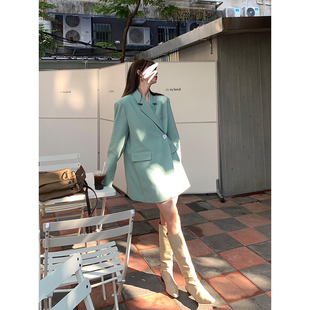 红人馆西装外套女2022早春高级设计感小众中长款韩版绿色西服