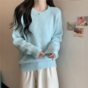 2023春季韩版纯色圆领，针织衫长袖慵懒风休闲套头拼接女款毛衣