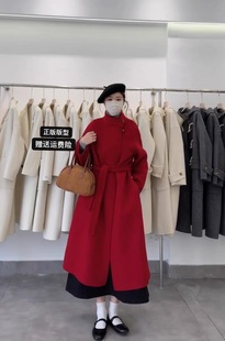 高级红色双面羊绒大衣女中长款2024冬季宽松系带羊毛外套韩版
