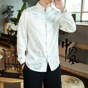 中国风中山装唐装汉服男潮牌复古长袖衬衫中式男装丝绸缎古风外套