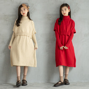 秋冬女童连衣裙套装中大儿童，时髦洋气针织，毛衣裙子披肩背心两件套