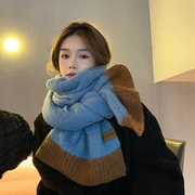 西本韩版撞色针织围巾女冬季高级感加长加厚保暖毛线围脖软糯防风