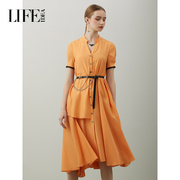 莱芙艾迪儿夏季女装橙色收腰v领衬衫裙修身显瘦短袖连衣裙女