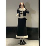 韩系小香风设计感千金风毛领黑色外套，半身长裙两件套加厚版