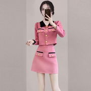 2024春装气质名媛，小香风粉红色套装时尚，短款外套半身裙两件套