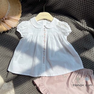 韩国设计款女童夏季上衣薄款白色，绣花翻领短袖娃娃衫衬衫