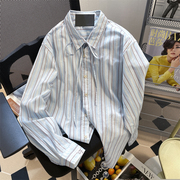 韩系设计感小众蓝色条纹系带，衬衫女高级复古港风别致长袖上衣外套