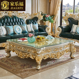 欧式实木茶几电视柜组合别墅客厅烤漆金色，玻璃茶桌正方形储物茶几