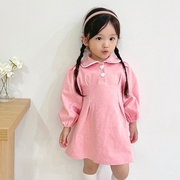 韩国童装2023秋冬gioiello淑女，时尚甜美可爱娃娃领收腰连衣裙
