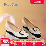 pacogil女鞋2024春季优雅浅口纯色方扣坡跟，内增高粗跟单鞋女