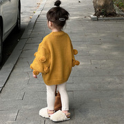 韩版2023春秋款女童ins毛球泡泡，袖毛衣儿童宽松针织衫灯笼袖外套